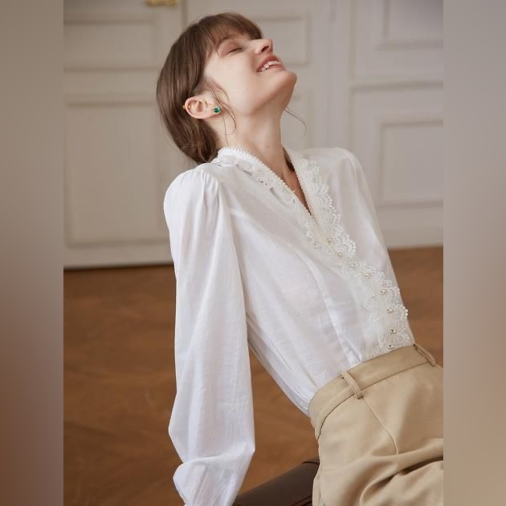Elegant White Lace Trim Blouse